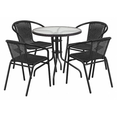 Round Glass Table w/4 Blk Rattan Chrs,Rnd,28", Aluminum, Glass, Metal, Plastic, Rattan, Clear