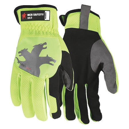 953 Mechanics Gloves, Synthetic Leather Palm, Spandex Back, L, Black/Gray/High-Visibility Lime