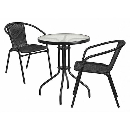 Lila 23.75'' Round Glass Metal Table with 2 Black Rattan Stack Chairs