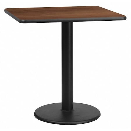 Square Walnut Table Top,Square w/Round Base,30", Laminate Top, Wood Grain