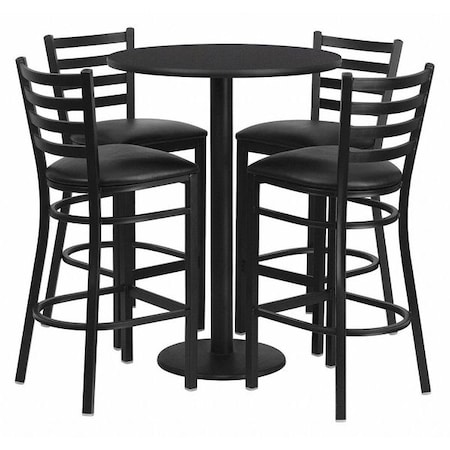 Round Blk Bar Table,Rnd Base w/Blk Seats,30", Laminate Top, Wood Grain