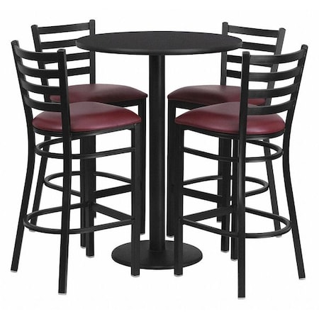 Round Blk Bar Table,Rnd Base w/Burg Seats,30", Laminate Top, Wood Grain