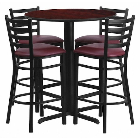Round Mahgny Bar Table,X-Base w/Burg Seats,30", 30" L, 30" W, 42" H, Laminate Top, Wood Grain