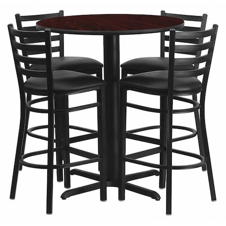 Round Mahgany Bar Table,X-Base w/Blk Seats,30", Laminate Top, Wood Grain