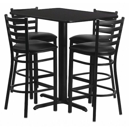 Rectangle Blk Bar Table,Rectngl w/X-Base,Blk Seats, 42" L, 24" W, 42" H, Laminate Top, Wood Grain