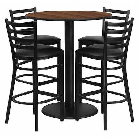 Round Walnut Bar Table,Round w/Black Seats,36", 36" L, 36" W, 42" H, Laminate Top, Wood Grain