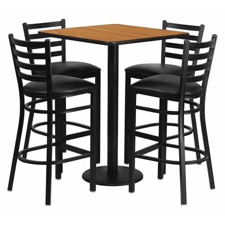 Square Natural Bar Table,Square w/Blk Seats,30", Laminate Top, Wood Grain