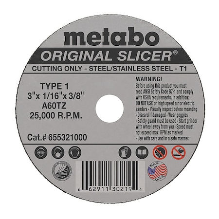 Abrasive Cut-Off Wheel, Type 1, 3 in Dia, 1/16 in Thick, 3/8 in Arbor Hole Size, Aluminum Oxide