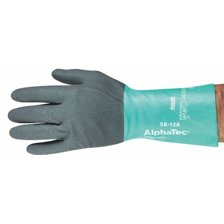 AlphaTec(R) 58-128 Chemical Resistant Gloves, Nitrile, 12 in L, 7 mil, Gray, Green, 8, 1 PR