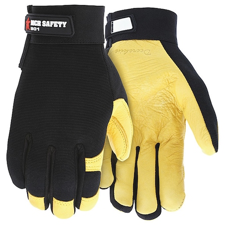 MCR Safety Multi-Task Mechanics Gloves, Grain Deerskin Leather Palm, Spandex Back, M, Black/Yellow