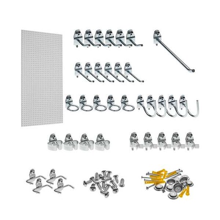 24 In. W x 48 In. H x 1/4 In. D White Heavy-Duty HDF Round Hole Pegboard 36 pc. Locking Hook Assortment