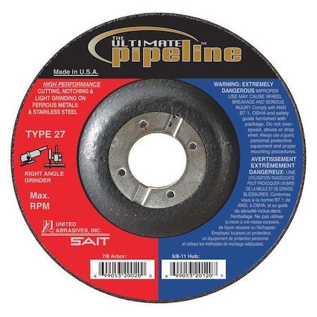 Cut-Off & Grinding Wheel, Type 27, 7 in Dia, 0.125 in Thick, 5/8"-11 Arbor Hole Size, 24 Grit