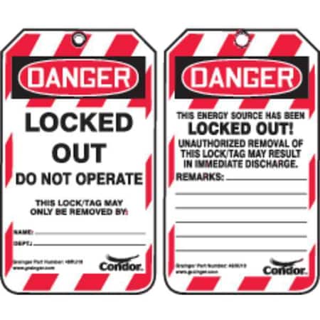 Lockout Tag, Danger, Plastic, 3 1/4 in Width, 5 3/4 in Height, Write On Surface: Yes ,100 PK