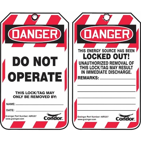 Lockout Tag, Danger, Plastic, 3 1/4 in Width, 5 3/4 in Height, Write On Surface: Yes ,10 PK