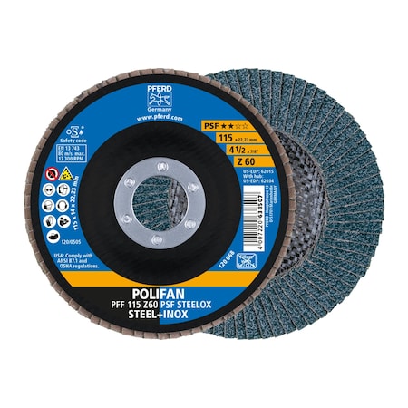 4-1/2" x 7/8" A.H. POLIFAN Flap Disc - Z PSF STEELOX, Zirconia, 60 Grit, Flat