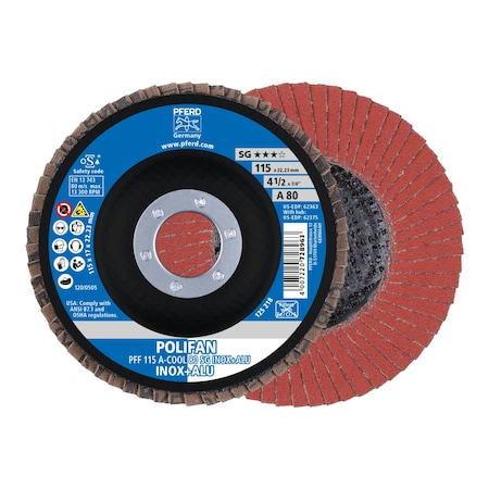 4-1/2" x 7/8" A.H. POLIFAN Flap Disc - A-COOL SG INOX+ALU, Aluminum oxide, 80 Grit, Flat