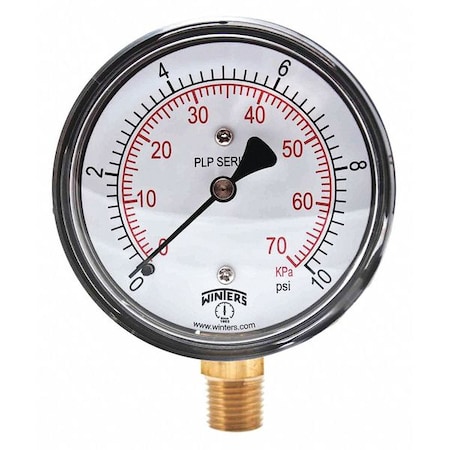 Low Pressure Gauge, 0 to 10 psi, 2 1/2 in Dial, 1/4 in NPT, Bottom Location, Steel Case Material