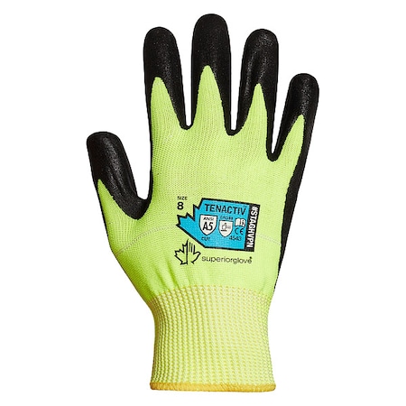 Hi-Vis Cut Resistant Coated Gloves, Cut Level A5 ,Dipped ,Microporous Nitrile ,Smooth ,12 1 PR