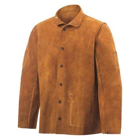 Welding Jacket, Cowhide, 3 oz, 30 in Length, Snaps Closure, 2 Pockets, Brown, XL