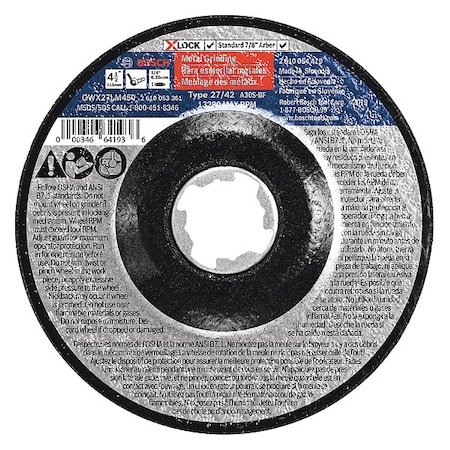 Depressed Center Grinding Wheel, Type 27, 4 1/2 in Dia, 0.25 in Thick, 7/8 in Arbor Hole Size