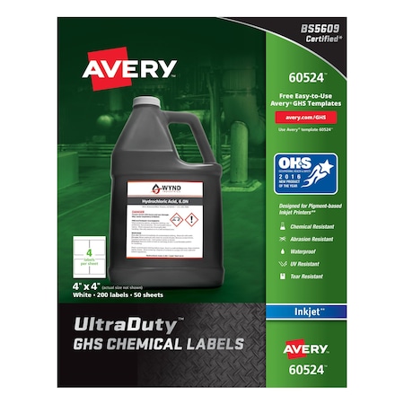 4" x 4" GHS Chemical Labels for Inkjet Printers 200 labels/50-sheets
