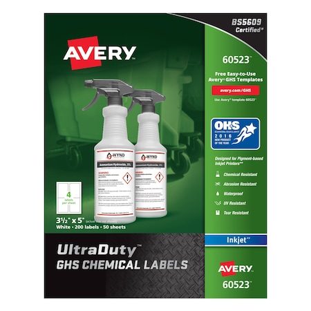3-1/2" x 5" GHS Chemical Labels for Inkjet Printers, 200 labels/50-sheets