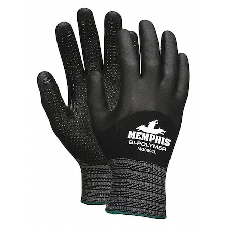 Coated Gloves, Bi-Polymer/Nitrile, Dotted, Palm, 0 Abrasion Level, Black, L 12 PK