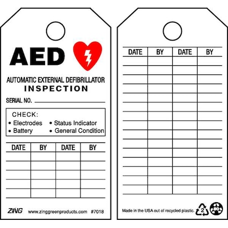 Tag, AED, Plastic, 5 3/4 in H x 3 in W, White, Rectangle, 10 PK