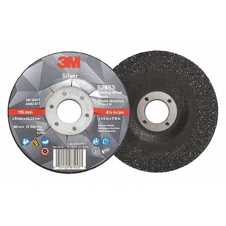 Depressed Center Grinding Wheel, Type 27, 4 1/2 in Dia, 0.25 in Thick, 7/8 in Arbor Hole Size