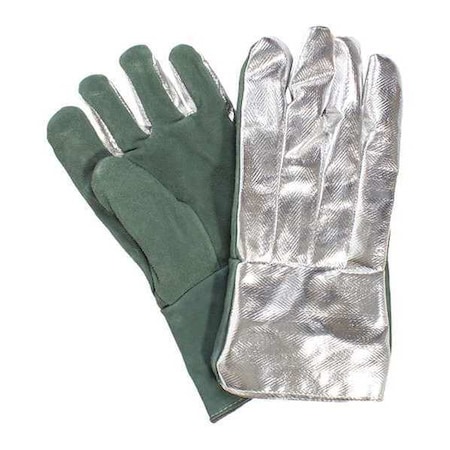 Thermal Gloves, Leather/Rayon, 395  Degrees F Max Temp., Gauntlet Cuff Silver/Green, Universal