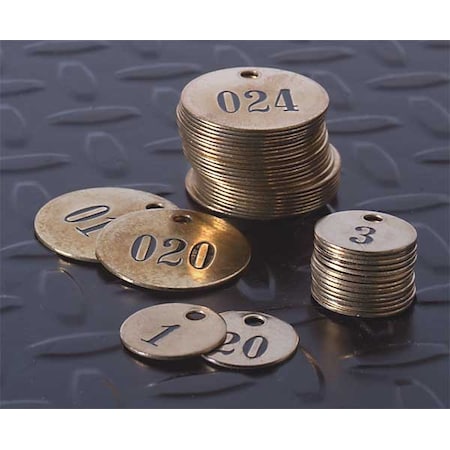 Numbered Tag, Brass, 1 in H x 1 in W, 1 in Dia., Brown, Round, 25 PK
