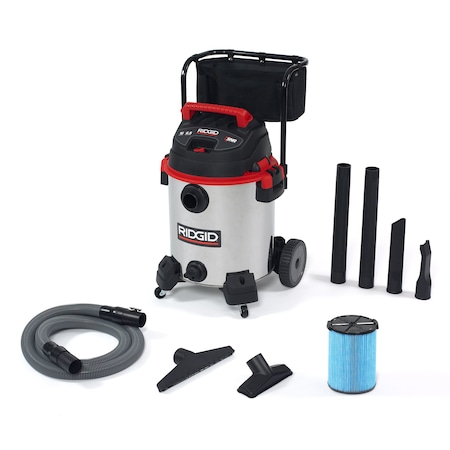 Wet/Dry Vacuum,16 gal.,Stainless Steel, Fine Dust Filter, 187 cfm, 65 HP