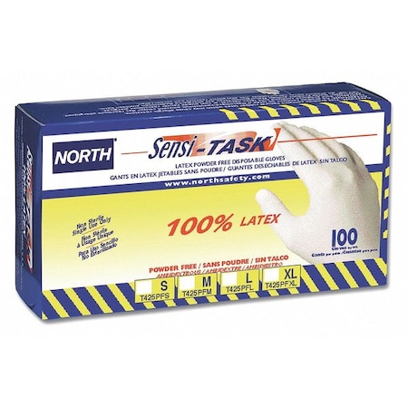 Sensi-Task, Disposable Gloves, 5 mil Palm, Natural Rubber Latex, Powder-Free, S, 100 PK, White