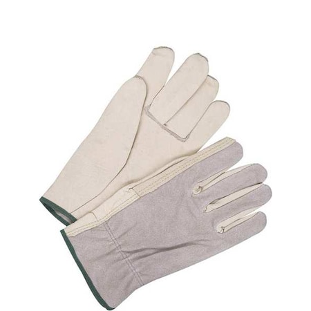 Leather Drivers Gloves, Shirred Slip-On Cuff, Straight Thumb, Beige / Gray, M, 1 PR