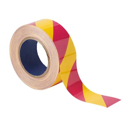 Floor Marking Tape, Polyester, Striped, Magenta; Yellow, 2 in W., 8 mil Thickness