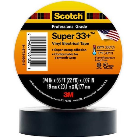 Electrical Tape, Vinyl, Black, 22 yd L, 2 in W