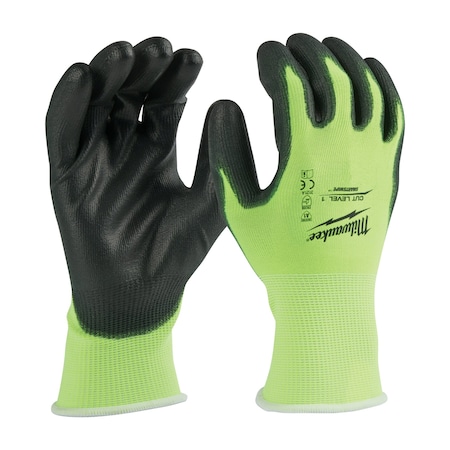 High Visibility Cut Level 1 Polyurethane Dipped Gloves - Large, Polyurethane, Smooth, Palm, Lime