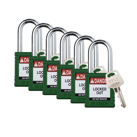 Padlock, Keyed Different, Nylon, Green, 1 1/2 in Shackle Height, 1 1/2 in Body Width, 6 No. of Keys