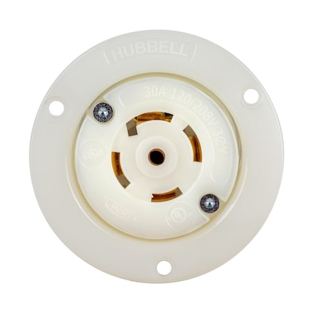 Locking Receptacle, L21-30R, 30 A, 120/208V AC, Three Phase, 4 Pole, Flush Mount, White