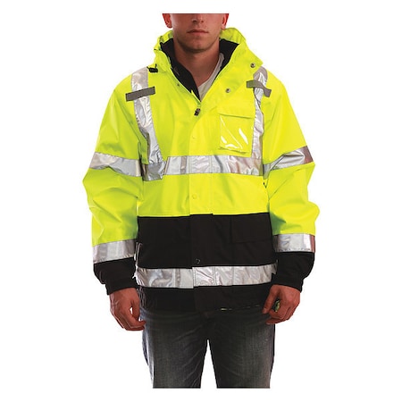 3-In-1 High Visibilityt Rain Jacket with Hood, Polyester, Class 3 R, Black/Green/Yellow, S