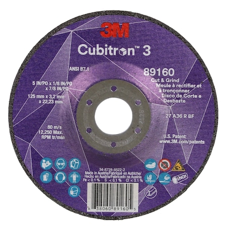Cut-Off and Grinding Wheel, Type 27, 5 in Dia, 0.125 in Thick, 7/8 in Arbor Hole Size, Ceramic
