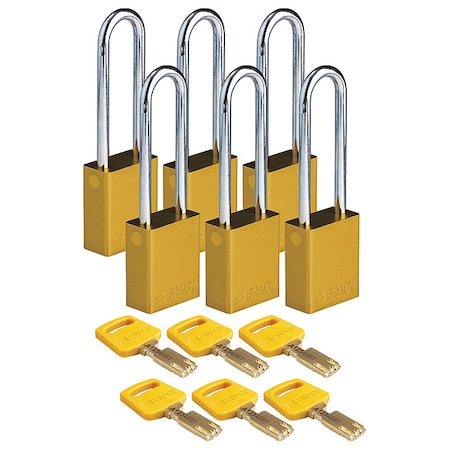 Lockout Padlock, Keyed Different, Aluminum, Yellow, 3 in Shackle Height, 1 1/2 in Body Width, 6 PK