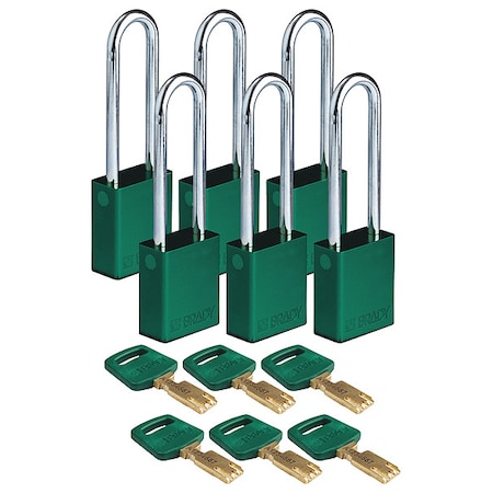 Lockout Padlock, Keyed Alike, Aluminum, Green, 3 in Shackle Height, 1 1/2 in Body Width, 6 PK