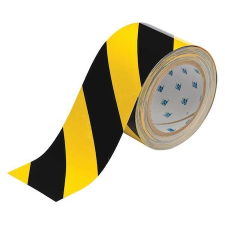 Floor Marking Tape, Polyester, Striped, Black, Yellow, 3 in W., 8 mil Thickness