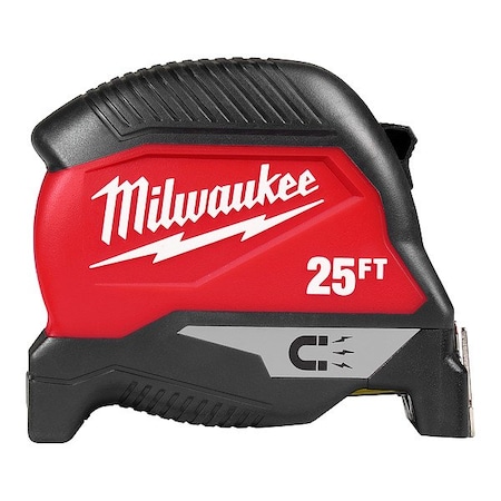 Magnetic Tape Measure, 25 ft, 1 in Blade Width, Magnetic Hook, Black/Red