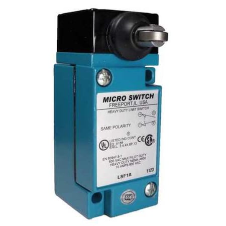 Heavy Duty Limit Switch, Plunger, Roller, 1NC/1NO, 10A at 600V AC, Actuator Location: Side