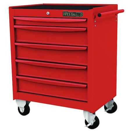 WESTWARD Rolling Tool Cabinet, 5-Drawers, Gloss Red, 29" W x 18" D x 34" H