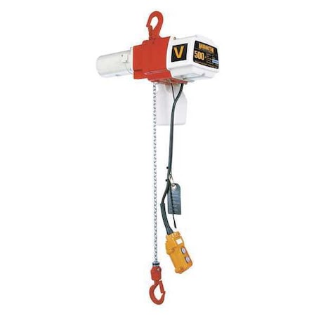 Electric Chain Hoist, 500 lb, 10 ft, Hook Mounted - No Trolley, 120V AC, White and Orange