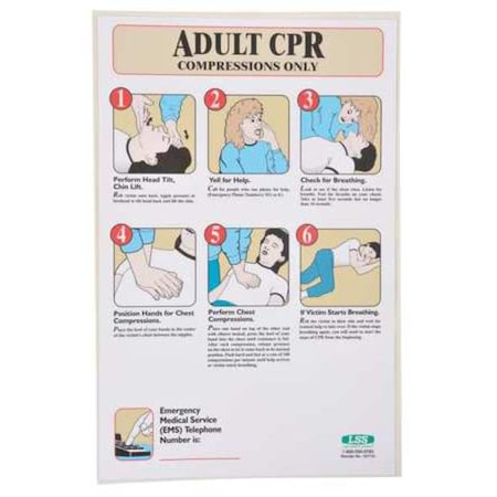 First Aid Poster, Adult CPR Compressions Only, 17 in H x, 11 in W, Plastic