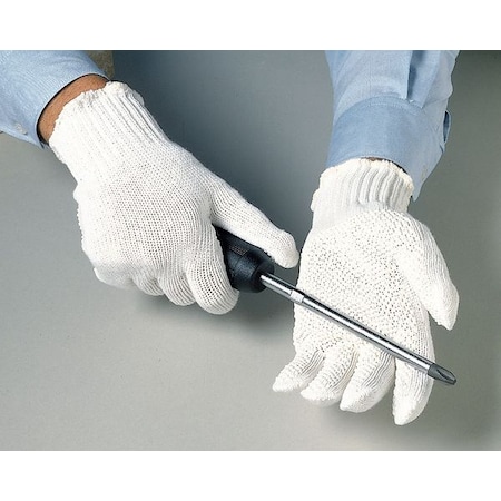 General Purpose Glove, Cotton/Polyester, Dotted Palm, Knit, White, L, 1 PR